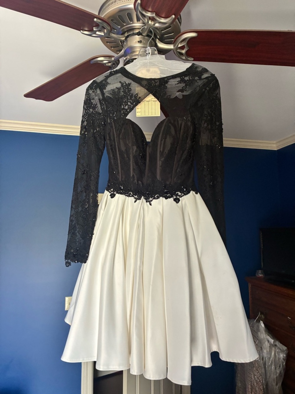 Rachel Allan Black Lace Long-Sleeve Bodice with White Flared Skirt